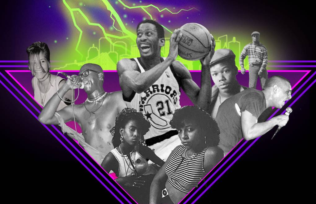 Green lightning strikes from above onto a collage of rappers, punk rockers and basketball players.